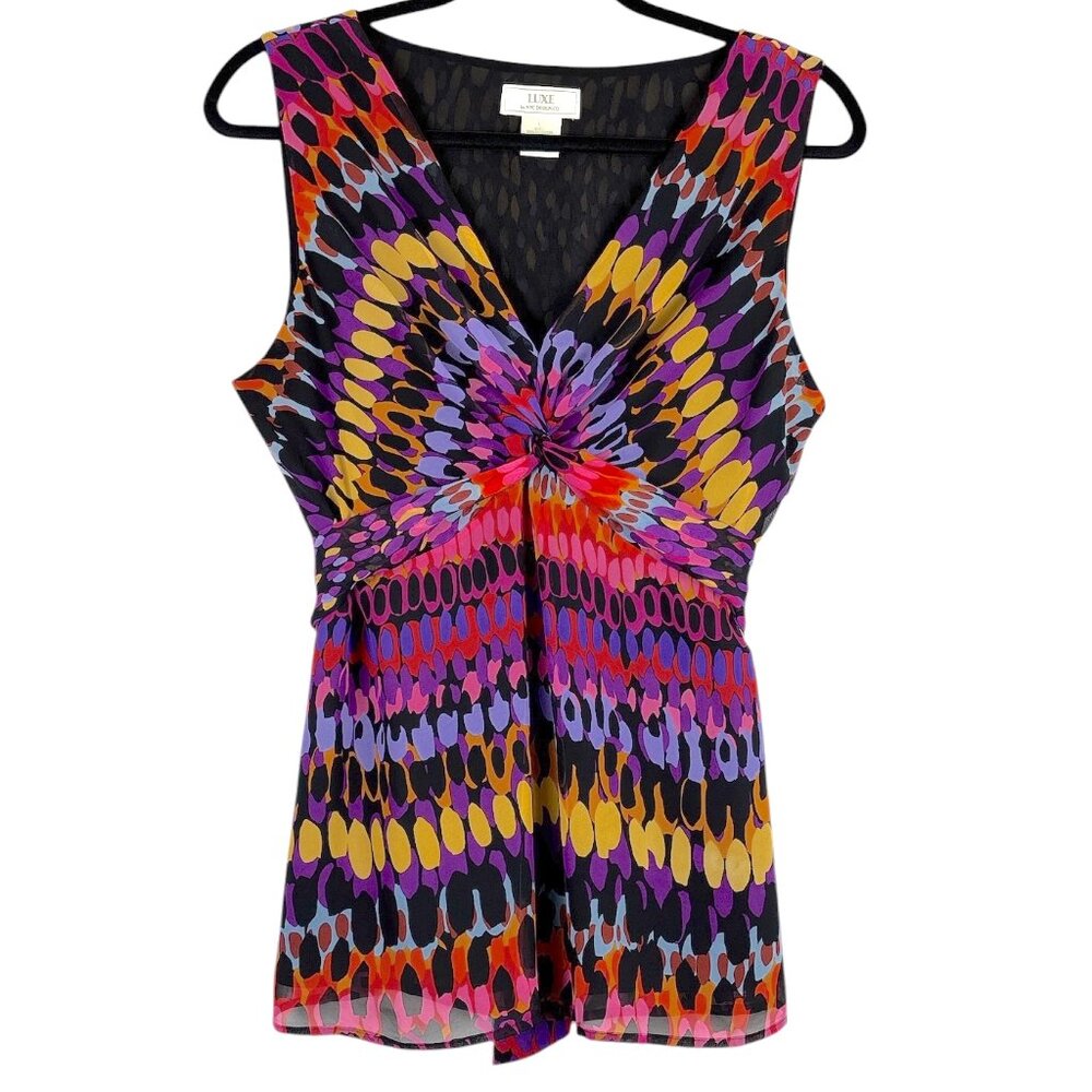 Luxe by NYC Design Co. Sleeveless Multicolor V-Neck Twist Front Tie Waist Blouse